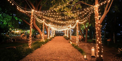 A walkway is lit up with lights and lanterns, creating a warm