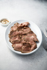 Traditional homemade roast beef on a plate