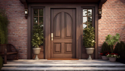 House entrance with beautiful wooden door. Generative ai design concept. - obrazy, fototapety, plakaty