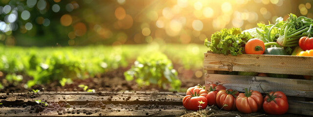 fresh vegetables in a wooden box on a nature background - obrazy, fototapety, plakaty