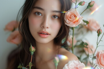 薔薇の花と女性の美容イメージ（スキンケア・ボディケア・エステサロン）