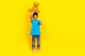 Full length photo of multiethnic multinational child dressed blue t-shirt jeans hold teddy bear over head isolated on yellow background