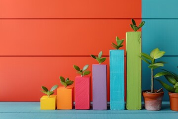 A row of vibrant multicolored blocks with various plants growing out of them, creating a dynamic and eye-catching display of nature and urban elements