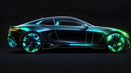 Sketch of a contemporary sport coupe automobile with blue and green lights isolated in a side view on a black backdrop. Conceptual vector drawing for an electric vehicle or self-driving vehicle