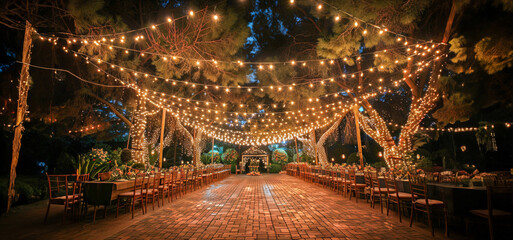 A large outdoor party with a lot of lights and tables