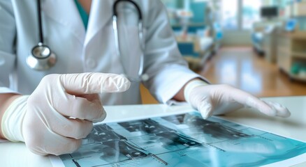 Obraz premium A doctor is pointing at a medical image on a computer screen