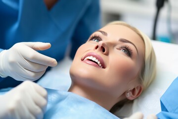A woman is smiling while a dentist is holding a tool in her mouth