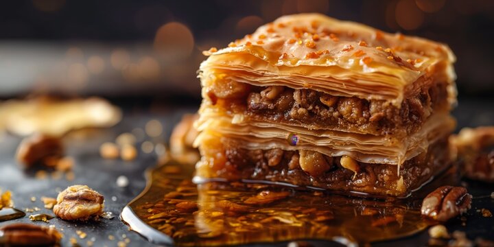 Close-up of a delicious piece of baklava, drizzled with golden honey, garnished with nuts, on a dark wooden table with soft lighting