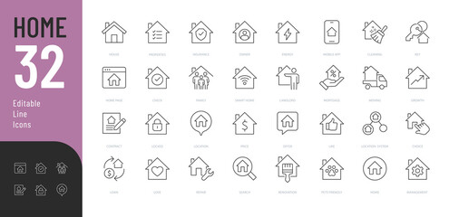 Home Line Editable Icons set. Vector illustration in modern thin line style of house options related icons: loan, insurance, cleaning, management, and more. Pictograms and infographics for mobile apps