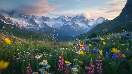A serene alpine meadow dotted with colorful wildflowers, framed by snow-capped peaks and bathed in the soft glow of the setting sun, - obrazy, fototapety, plakaty