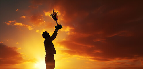 man holding up a trophy against sunset sky background, panoramic layout. Generative Ai - obrazy, fototapety, plakaty