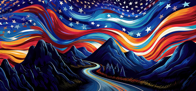 American flag with mountains and stars, panoramic banner for Independence Day. Generative Ai