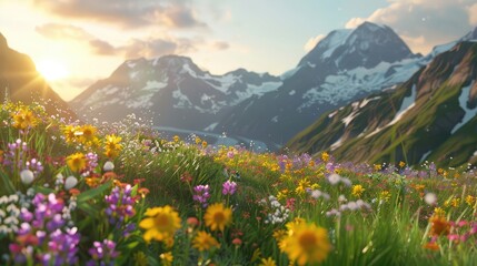 Fototapeta na wymiar A serene alpine meadow dotted with colorful wildflowers, framed by snow-capped peaks and bathed in the soft glow of the setting sun,