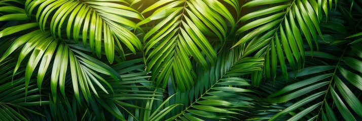 Exotic tropical jungle with lush palm leaves and trees   panoramic wallpaper nature concept