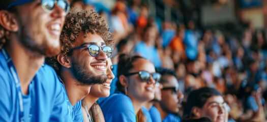 A group of people wearing blue shirts and sunglasses are sitting in a stadium