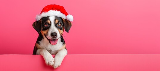 Playful puppy in red christmas hat peeking from behind blank banner, cute and festive pet portrait