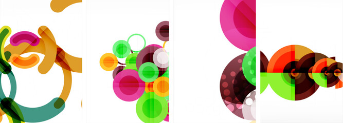 An artful composition of colorful circles resembling a flower pattern, with shades of magenta on a white background. The circles create a lively and vibrant display of color