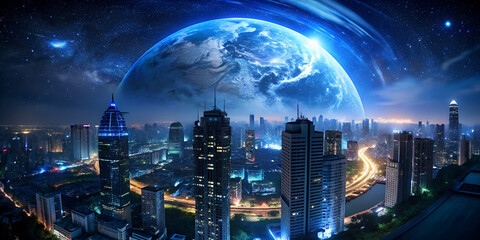 a cityscape at night with a blue planet as its centerpiece