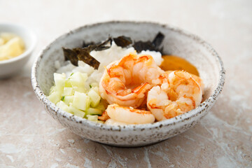 Homemade sushi bowl with shrimps