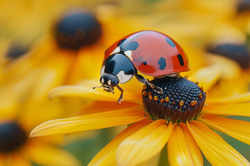 A photograph of a brightly colored ladybug on a vibrant flower, its red and black spots a stark cont