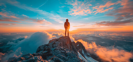 A person is standing on a mountain peak, looking out at the beautiful blue sky - Powered by Adobe