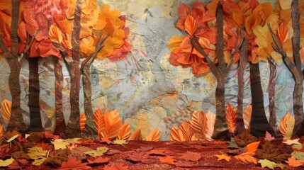 An autumn forest with trees of orange and red crepe paper and a ground covered with leaves made from cut felt.