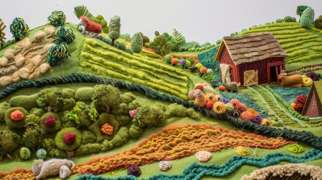 A farm scene with fields made of various textured green fabrics, a barn constructed from painted popsicle sticks, and fluffy wool animals. 