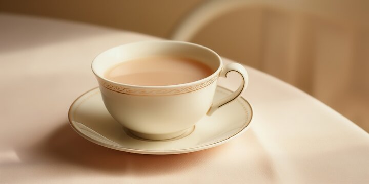 A classic tea setting with an elegant teacup and saucer on a smooth, creamy backdrop portraying sophistication