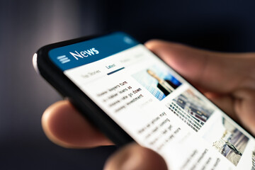 News online. Phone with newspaper headlines and feed. Digital press article. Reader watching latest titles. Mockup media publication website in smartphone. Man reading text on mobile screen. - obrazy, fototapety, plakaty
