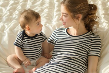 A mother and her baby are sitting on a bed