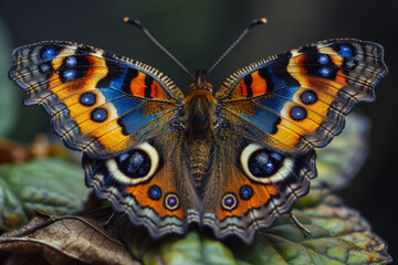 A photograph of a Peacock Pansy butterfly, its wings displaying a complex pattern of eyespots that d