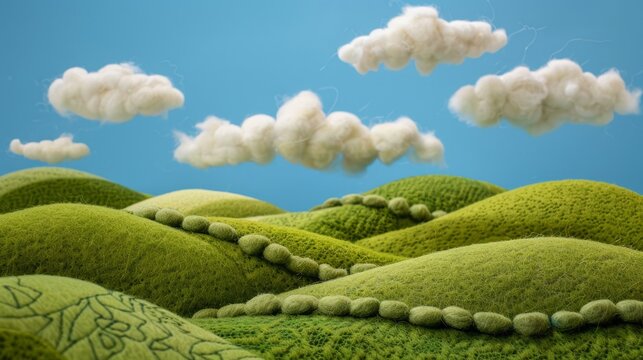 A rolling hills landscape, crafted entirely from green felt, complete with fluffy white cotton wool clouds in a clear blue felt sky.