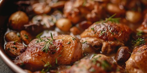 Sumptuous roasted chicken thighs with golden skin, surrounded by herbs and earthy mushrooms - obrazy, fototapety, plakaty