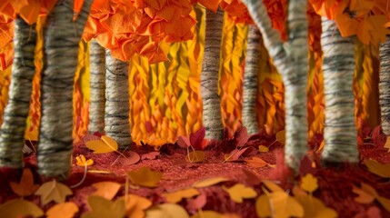 An autumn forest with trees of orange and red crepe paper and a ground covered with leaves made from cut felt. - obrazy, fototapety, plakaty