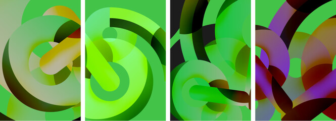 A vibrant green and purple swirl design resembling terrestrial plant leaves or a tire tread pattern, set against a green background, forming artistic circles and rectangles with a glasslike finish