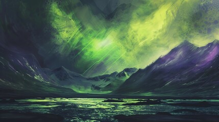 A northern lights sky crafted from a blend of fluorescent green and purple chiffons over a dark velvet landscape. - obrazy, fototapety, plakaty