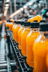 Fototapeta premium Fruit juice manufacturing process on conveyor belt in beverage factory production line