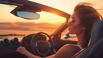 Attractive young woman closeup portrait driving convertbile car relaxed on vacation