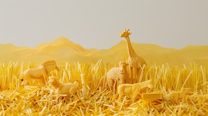 A safari landscape with a backdrop of tall grass made from shredded yellow construction paper and animal figures carved from soap bars. 