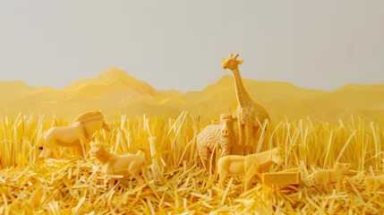 Papier Peint photo Lavable Couleur miel A safari landscape with a backdrop of tall grass made from shredded yellow construction paper and animal figures carved from soap bars. 