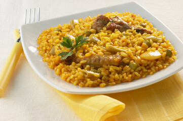 rice with veal and vegetables on white plate
