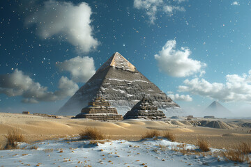 A scene depicting the careful alignment of the pyramid's sides with the cardinal points, using early - obrazy, fototapety, plakaty