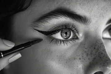 A scene depicting the delicate application of a liquid eyeliner, creating a perfect winged look that - obrazy, fototapety, plakaty