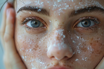 A scene depicting the use of an exfoliating face scrub, the gritty texture visible on skin, promisin - obrazy, fototapety, plakaty