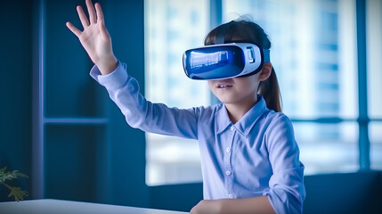 An innovative approach to education. A student wearing virtual reality glasses during a classroom lesson at school.