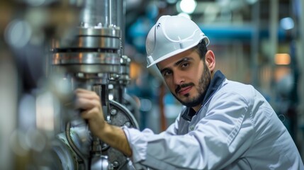 Confident engineer smiling at the camera while working on machinery in a modern industrial environment