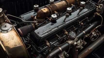 Old car engine. Motor and retro mechanism closeup