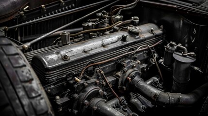 Old car engine. Motor and retro mechanism closeup - obrazy, fototapety, plakaty
