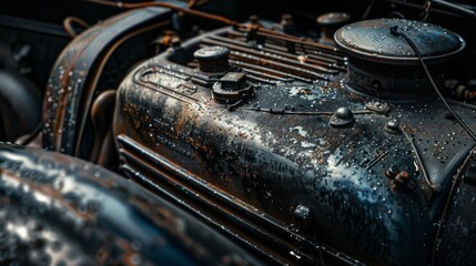 Old car engine. Motor and retro mechanism closeup - obrazy, fototapety, plakaty