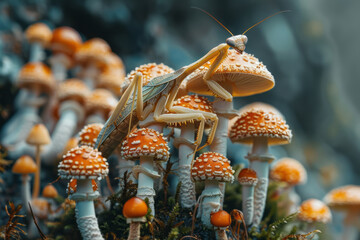A scene where a praying mantis is perched on a patch of mushrooms, its brown body echoing the fungi' - obrazy, fototapety, plakaty